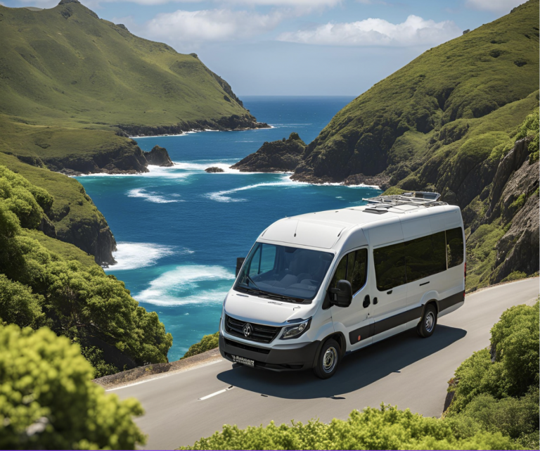 a paratransportation van drives along the coast of an island landscape